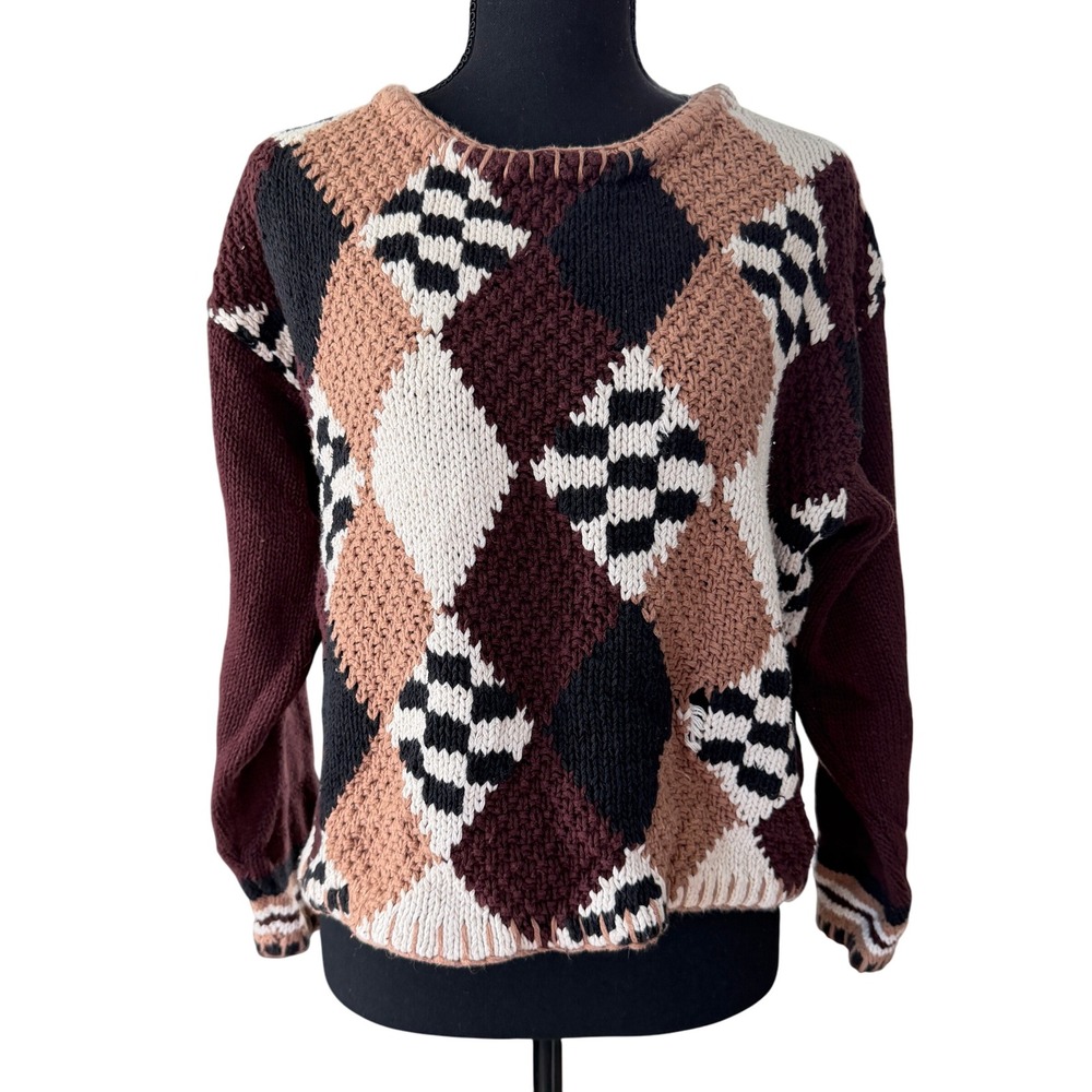 Reference Point Argyle Patchwork Knit Sweater Wom… - image 1